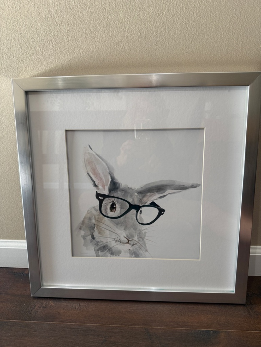 Whimsical Gray Bunny Print with Black Glasses - Home Art